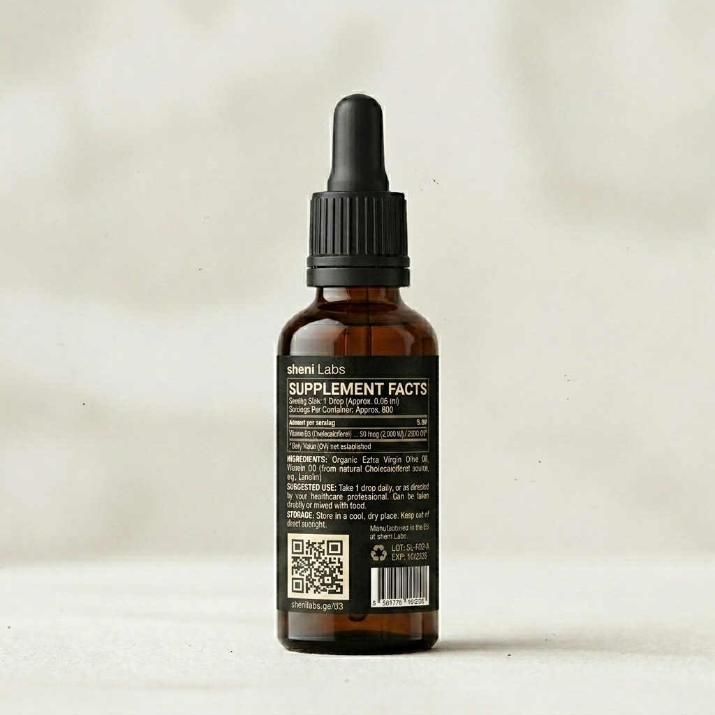 Sheni Labs Vitamin D3 — Supplement Facts Label Sheni Labs D3 ვიტამინი — ეტიკეტის ფაქტების პანელი: შემადგენლობა, დოზირება და კვებითი ინფორმაცია