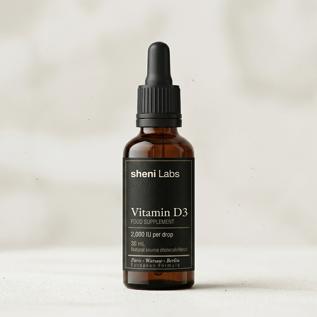 Sheni Labs Vitamin D3 — 30 mL Amber Glass Dropper Bottle Sheni Labs D3 ვიტამინი, სასურსათო დანამატი — 2,000 IU ქოლეკალციფეროლი წვეთზე, 30 მლ ქარვის მინის წვეთოვანი ბოთლი