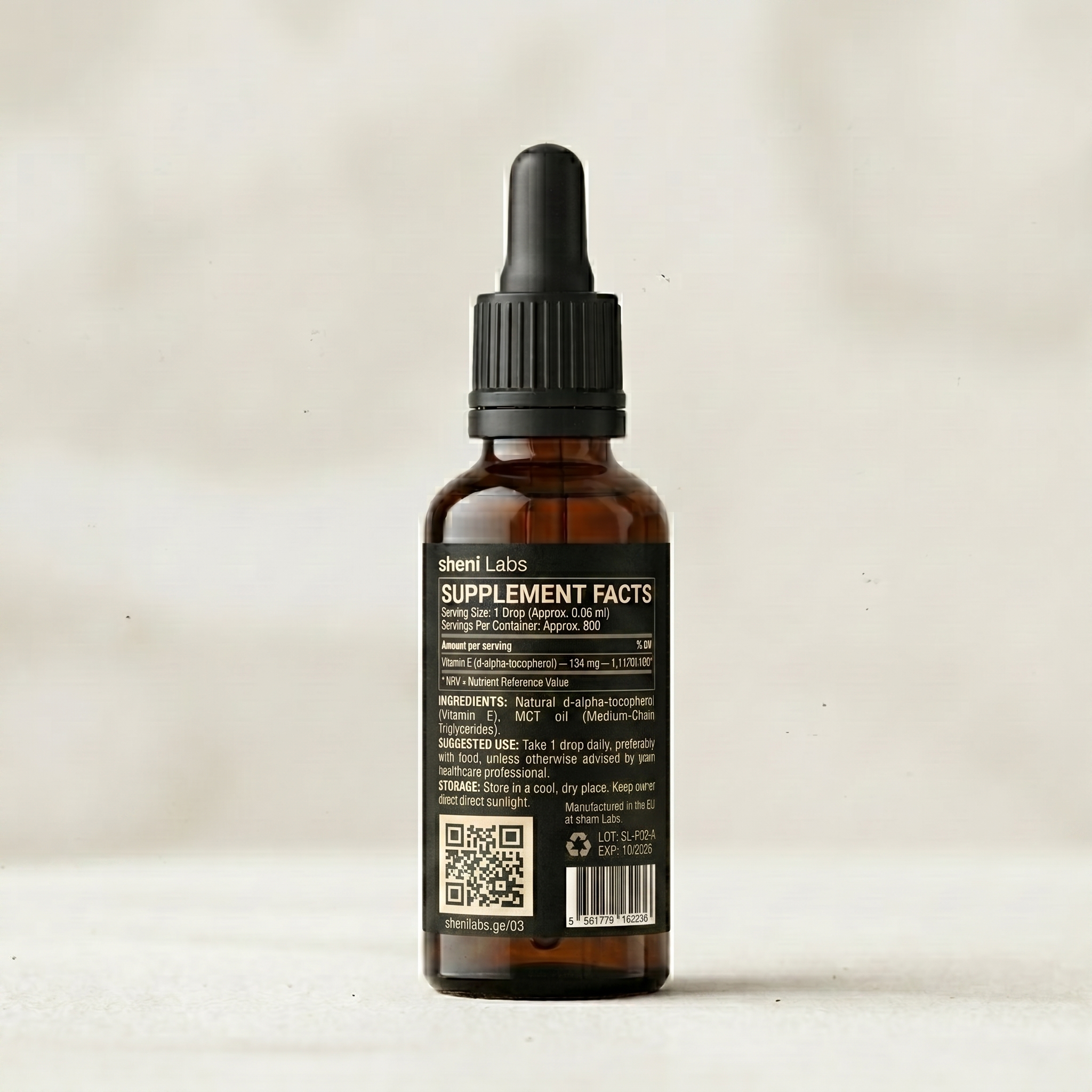 Sheni Labs Vitamin E supplement facts label: 1 drop (0.06 mL), approx. 800 servings, 134 mg d-alpha-tocopherol — 1,117% NRV. Ingredients: natural d-alpha-tocopherol, MCT oil. LOT: SL-F02-A · EXP: 10/2026.