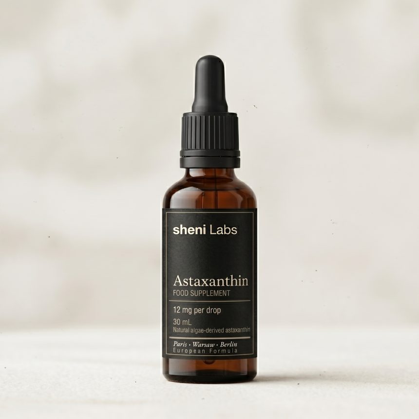 Sheni Labs Astaxanthin Food Supplement — 12 mg natural algae-derived astaxanthin per drop, 30 mL amber glass dropper bottle, European formula. Paris · Warsaw · Berlin.