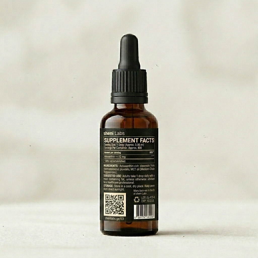 Sheni Labs Astaxanthin — Supplement Facts Label Sheni Labs Astaxanthin supplement facts label: 1 drop (0.06 mL), approx. 800 servings, 12 mg astaxanthin — no established NRV. Ingredients: astaxanthin-rich oleoresin (Haematococcus pluvialis), MCT oil. LOT: SL-F02-A · EXP: 10/2026.
