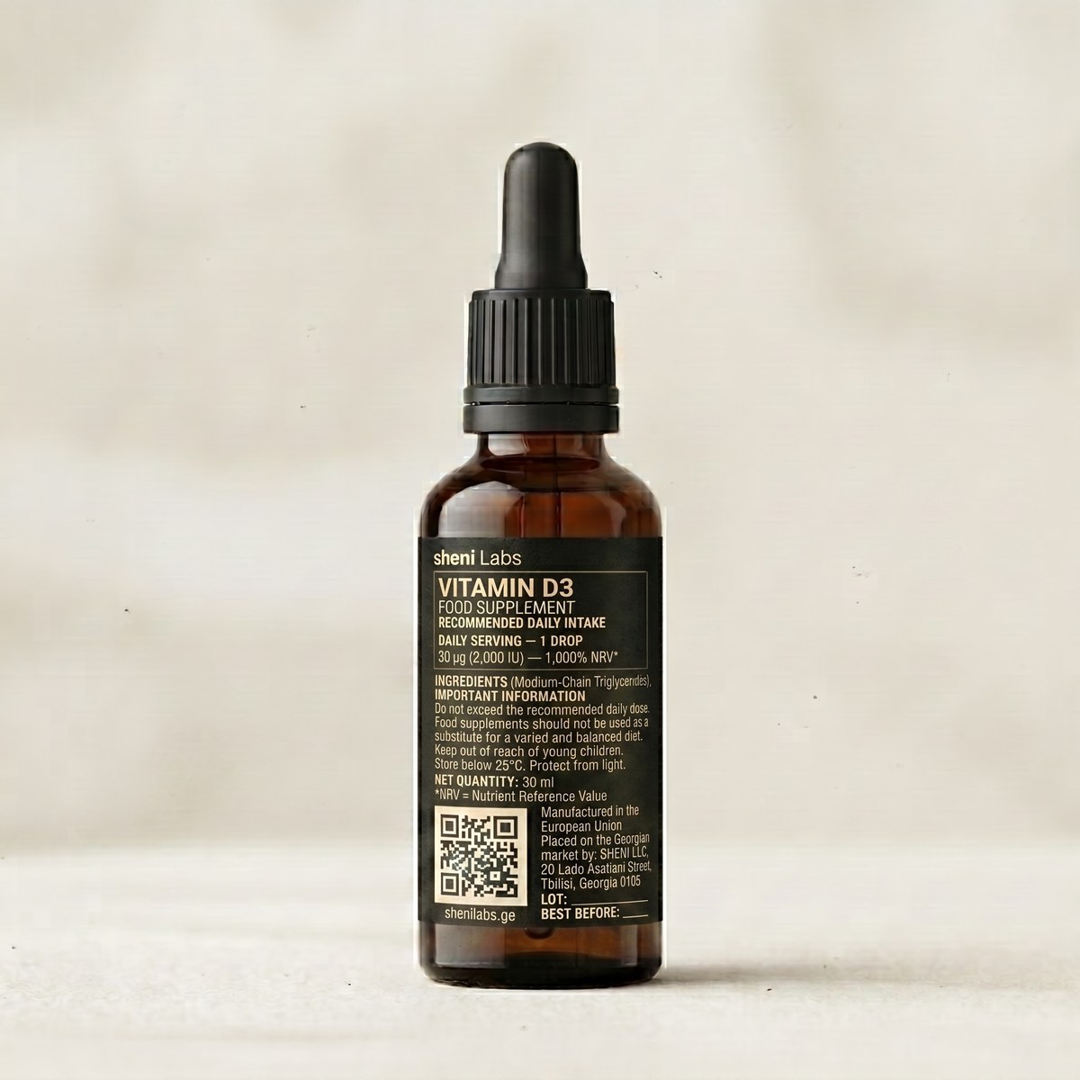 Sheni Labs bottle back label — QR code bottom-left, LOT number bottom-right