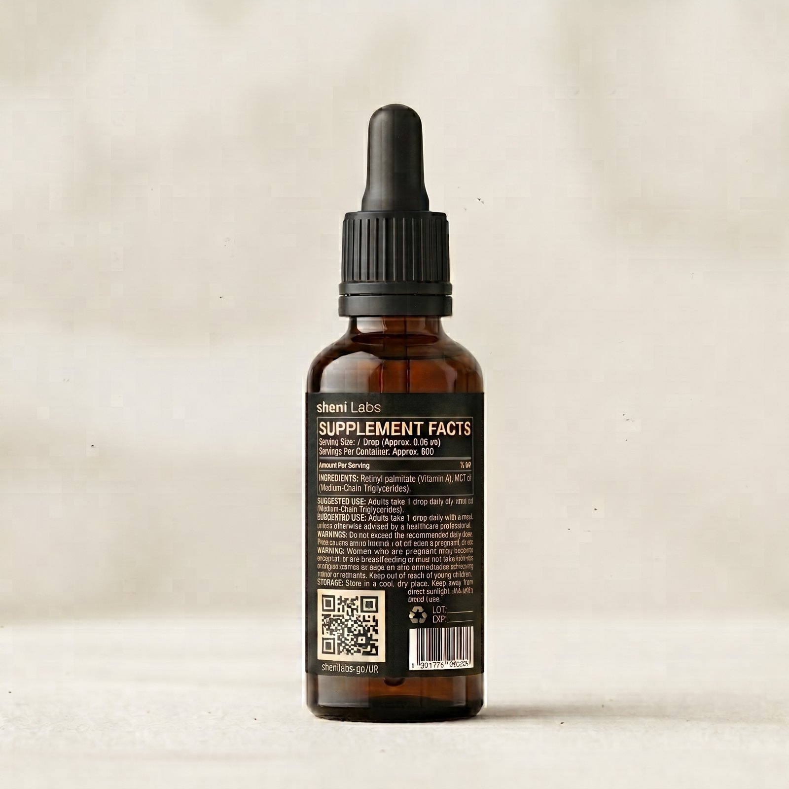 Sheni Labs Vitamin A — Supplement Facts Label Sheni Labs Vitamin A supplement facts label: 1 drop (0.06 mL), 800 µg RE retinyl palmitate — 100% NRV. Ingredients: retinyl palmitate, MCT oil. Pregnancy warning. LOT and EXP fields visible.