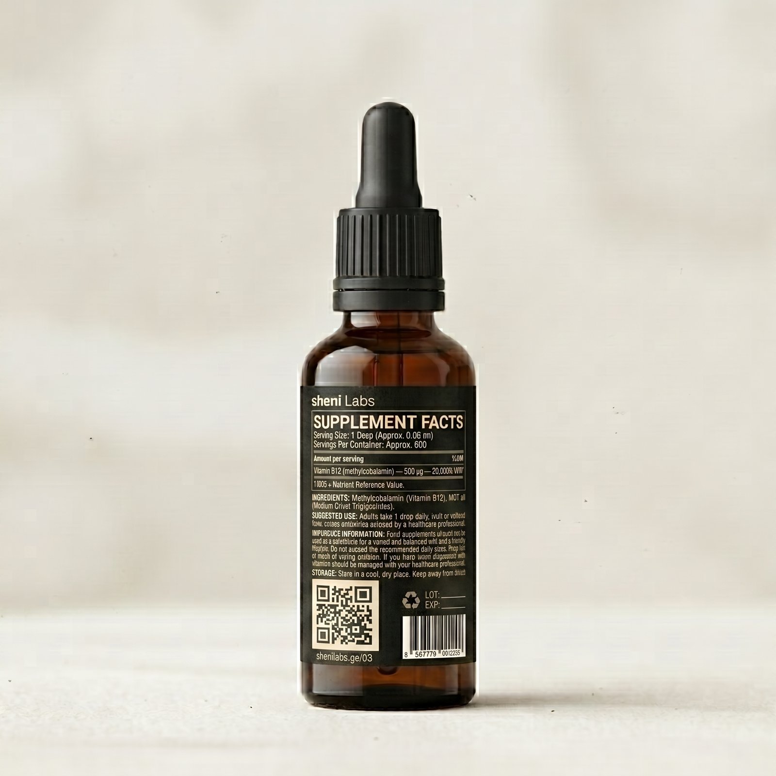 Sheni Labs Vitamin B12 — Supplement Facts Label Sheni Labs Vitamin B12 supplement facts label: 1 drop (0.06 mL), 500 µg methylcobalamin — 20,000% NRV. Ingredients: methylcobalamin, MCT oil. LOT and EXP fields visible.