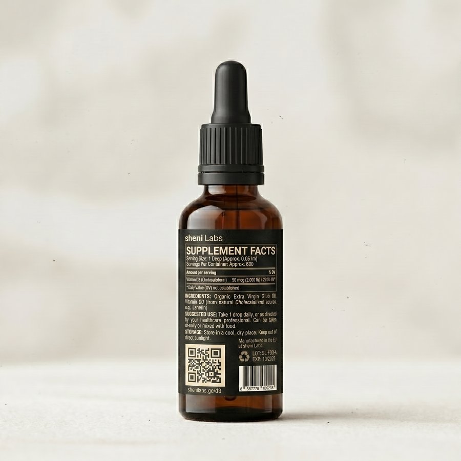 Back label of a Sheni Labs Vitamin D3 bottle with numbered markers: 1 Supplement Facts panel, 2 ingredients, 3 use and storage, 4 QR code, 5 web address, 6 LOT and expiry, 7 barcode