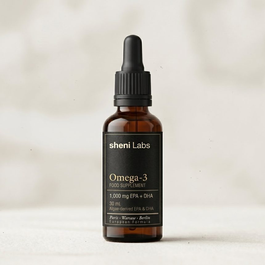 Sheni Labs Oméga-3, complément alimentaire — 1 000 mg d'EPA + DHA d'algue par portion, flacon en verre ambré de 30 mL